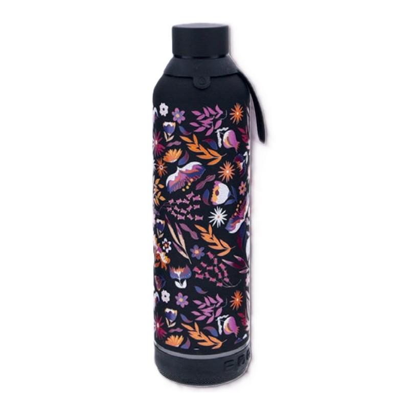 Borraccia termica nera con speaker bluetooth integrato sul fondo, decorata a tema floreale in acciaio inox doppia parete da 600 ml